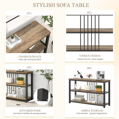 FOLUBAN Modern Sofa Table for Entryway, 3 Tier Narrow Console Table for Living Room Hallway Behind Couch, Rustic Oak