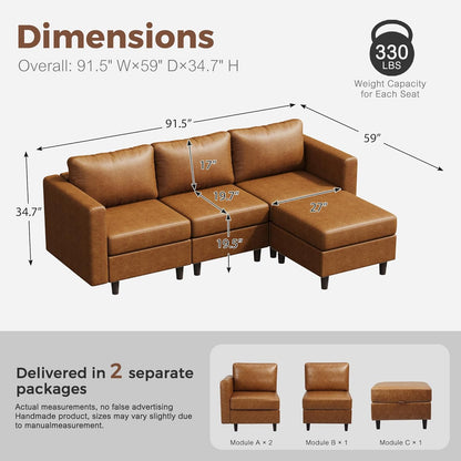 91.5" Faux Leather Modular Sectional Sofa, L Shaped Couch Set for Living Room, 3-Seater Comfy Cloud Couches with Movable Storage Ottoman,DIY Combination - Brown