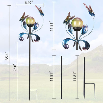 VCUTEKA Solar Lights Outdoor Metal Garden Stake Waterproof Crackle Glass Globe Garden Decor Butterfly for Pathway, Lawn, Patio, Yard