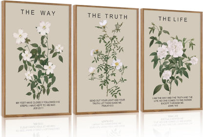 Aurlan The Way The Truth The Life Bible Verse Framed Wall Art(16"x24"), 3PCS Boho Christian Scripture Canvas Artwork, Large Floral Botanical Job 23:11 Psalm 43:3 John 14:6 Decor for Home Bedroom