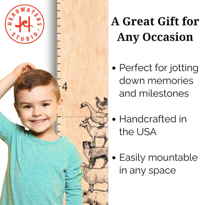 Wooden Growth Chart – Kids Height Chart, Wall Measurement for Kids, Height Chart for Wall, Growth Ruler for Children – Farm Animals, Natural - 63" x 6.7"