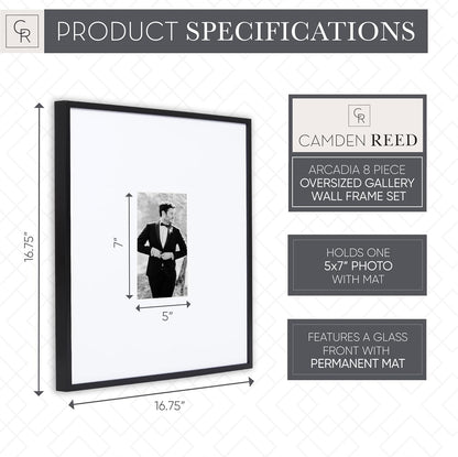 Camden Reed Arcadia 8 Piece Oversized Gallery Wall Frame, 16x20 and 16x16 Inch Matted Frames for Featuring 8x10 and 5x7 Inch Photographs or Art Prints, Black Finish