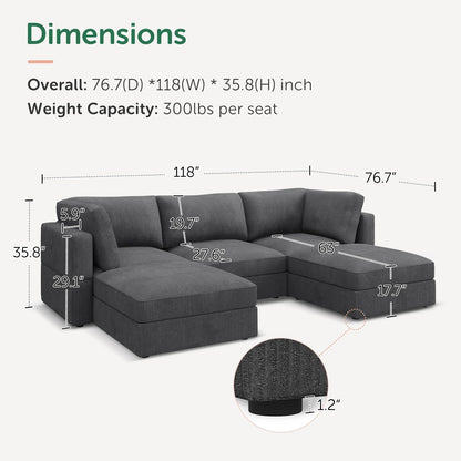 HONBAY Modular Sectional Sofa with Storage Corduroy U Shaped Sofa Modular Sectional Couches for Living Room,Dark Grey