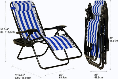 Nazhura Set of 2 Relaxing Recliners Patio Chairs Adjustable Steel Mesh Zero Gravity Lounge Chair Beach Chairs with Pillow and Cup Holder (Navy Blue Stripe)