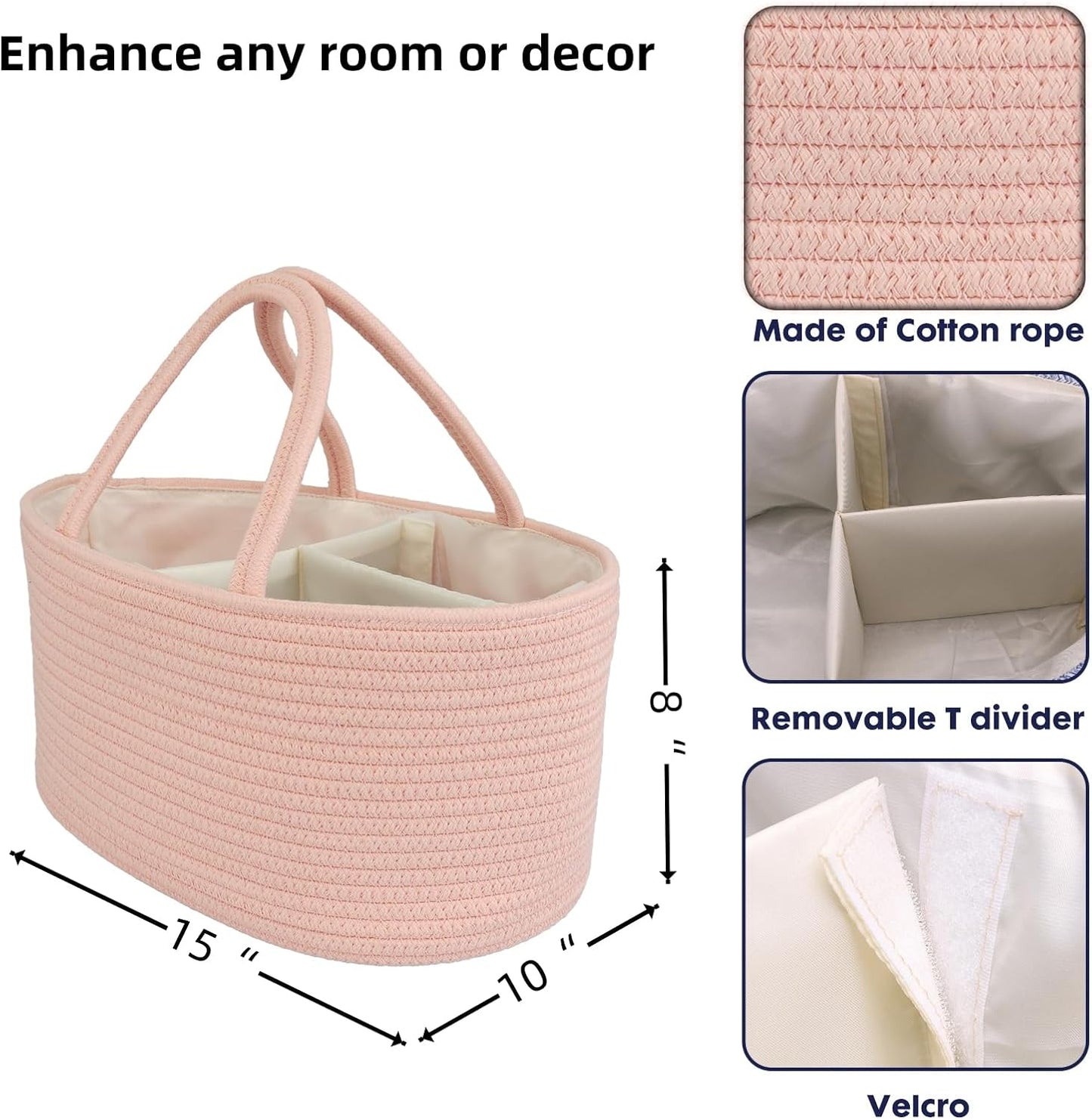 Diaper Caddy Organizer Cotton Rope Baby Basket Nursery Storage and Portable Tote Bag for Car Ideal Baby Shower Gifts and Registry Must-Have for Newborn Essentials large coral pink