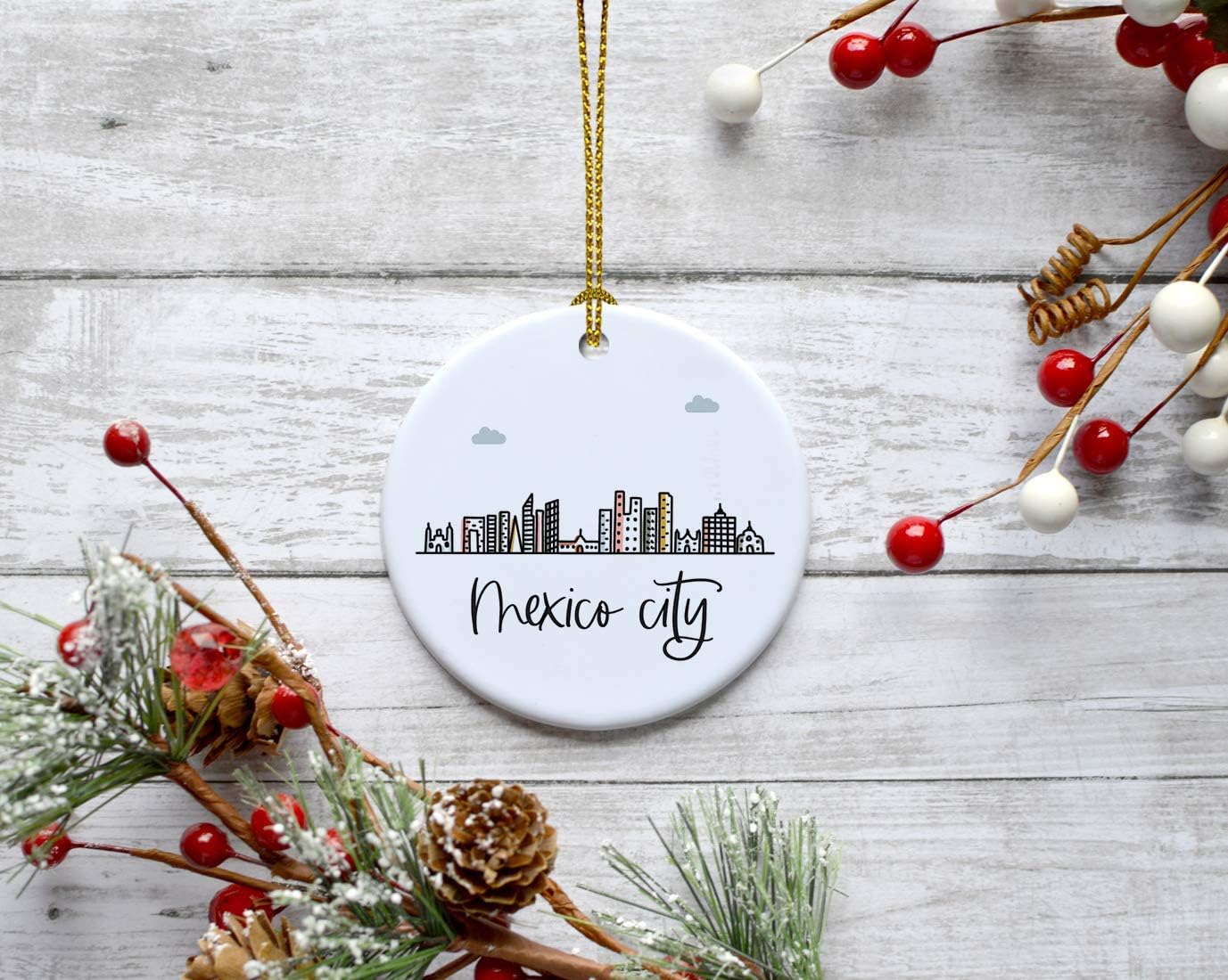 Andaz Press Round Ceramic Porcelain Christmas Tree Ornament Keepsake Gift, Mexico City, Colorful International City Skyline Graphic, 1-Pack, Birthday Family Coworker Him Her, Gift Box