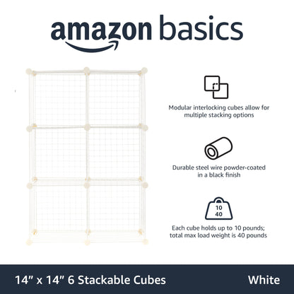 Amazon Basics 6 Cube Wire Grid Storage Organizer, Stackable Storage Cubes, Modular Closet Organizer