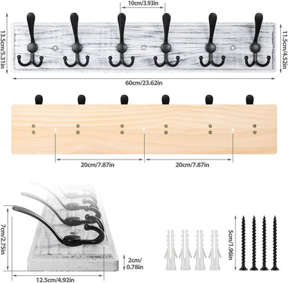 Coat Rack Wall Mount, Wooden Heavy Duty Coat Rack for Wall,6 Triple Coat Hanger Hooks for Hanging Coats,Jacket,Hat,Clothes (Grey White, 6 Hooks)