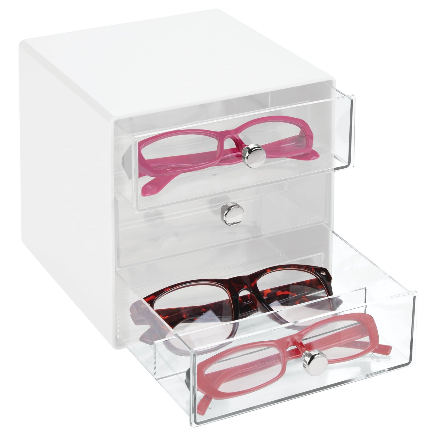 iDesign Divided 3-Drawer Stackable Organizer for Glasses, Sunglasses, and Readers - White/Clear