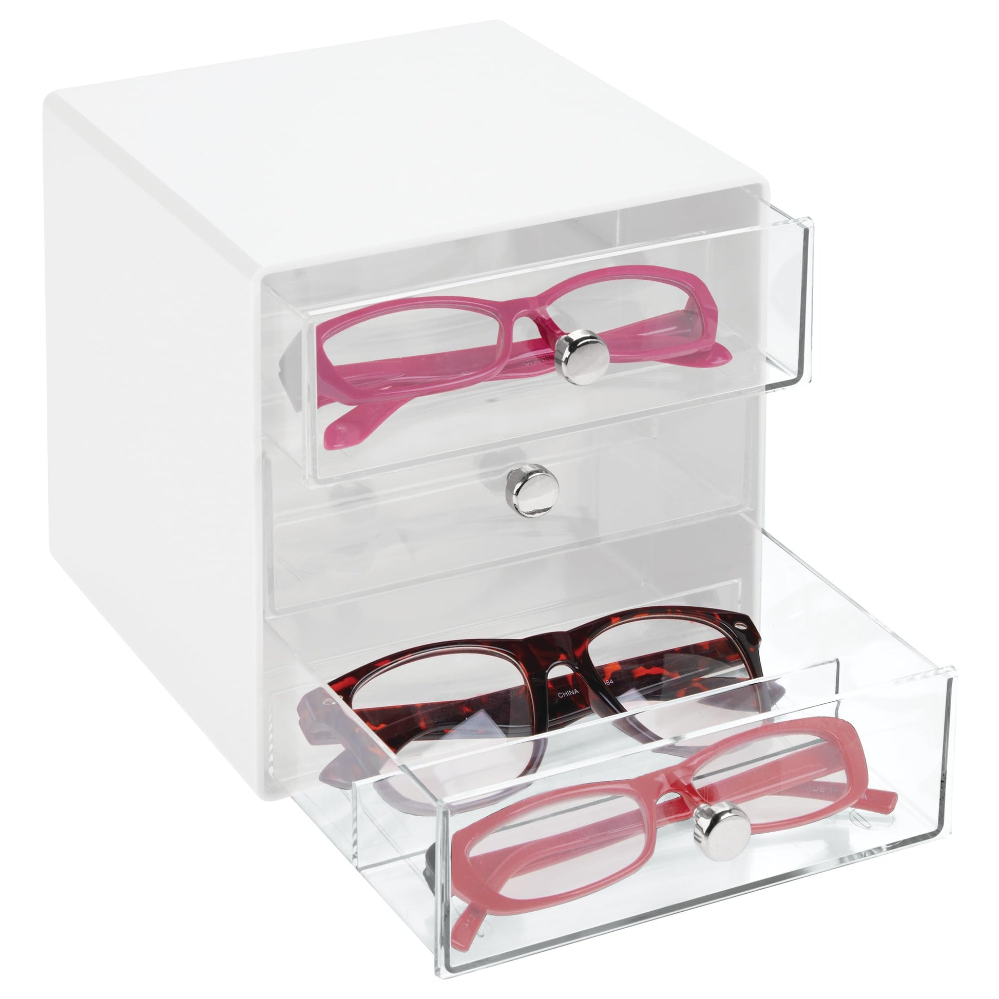 iDesign Divided 3-Drawer Stackable Organizer for Glasses, Sunglasses, and Readers - White/Clear