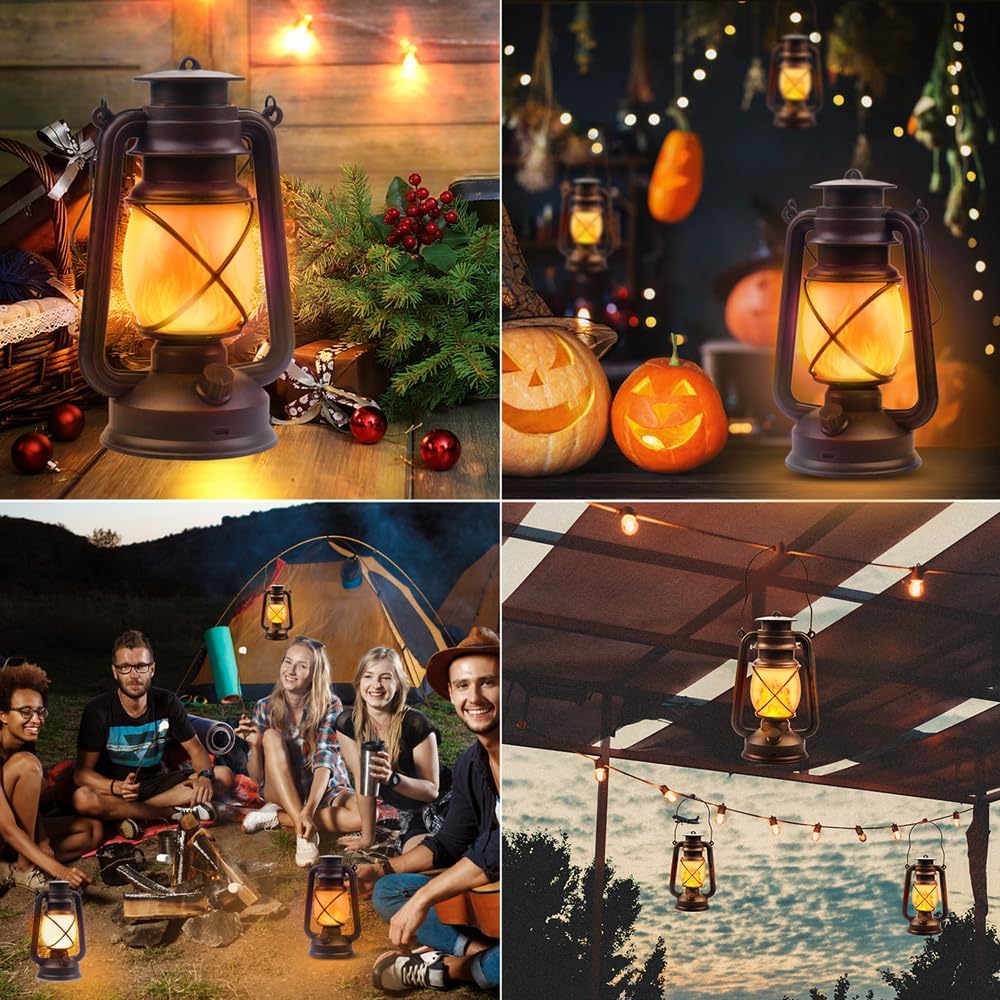 Lantern LED Battery Powered Camping Lamp Outdoor Hanging Lantern Flickering Flame Rechargeable Retro Lanterns Remote Control 4 Modes Light Non-Solar 2 Pack