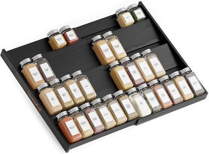 SpaceAid Bamboo Black Spice Drawer Organizer, (Need 3" Deep Drawer) Expandable 4 Tier Spices Rack for Cabinet, Kitchen Seasoning Storage Insert (Jars Not Included, From 12" to 23" Wide)