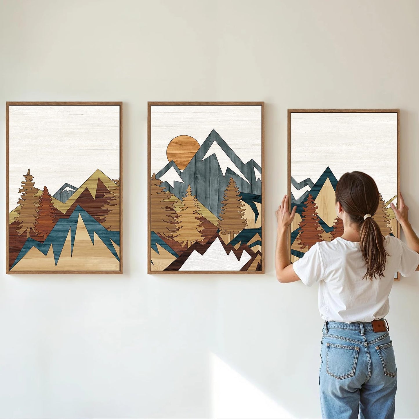 SIGNINART Vintage Mountain Framed Canvas Wall Art Set, Boho Sunrise Art Prints, Forest Nature Wilderness Art Paintings, Modern Farmhouse Woodcut Style Wall Decor for Living Room Bedroom, Office 16"x24"x3