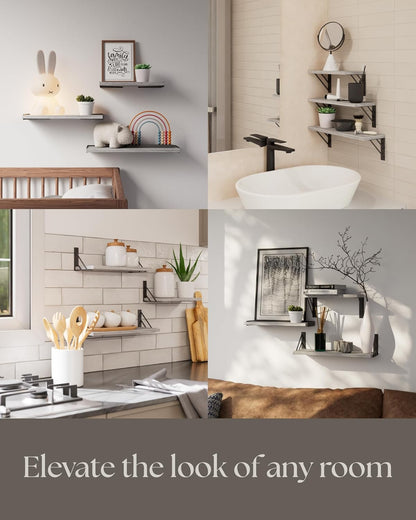 BAYKA Wall Shelves for Bedroom Decor, Floating Wall Shelves for Living Room Kitchen Storage, Wall Mounted Rustic Wood Floating Shelves for Kids Books,Corner Shelves for Bathroom(White，Set of 3)