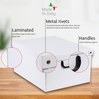 Lavatelli: Storage Box: Medium - White - Lid & Side Handles, Decorative Cardboard Organizer