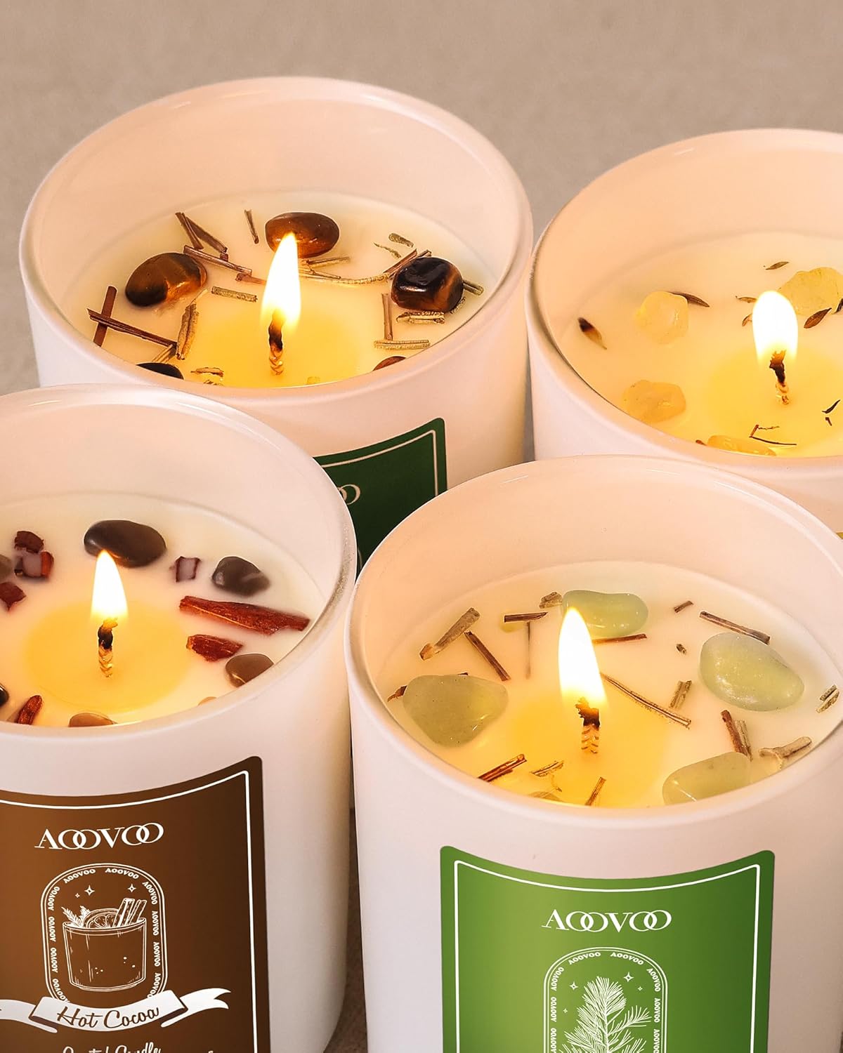 AOOVOO Winter Candles Set for Women - 4 Pack Candles for Home Scented, Aromatherapy Candle with Crystals, 28 oz 200 Hour Long Lasting Candle, Winter Fragrance of Cedar, Fir, Hot Cocoa, Vanilla Cake