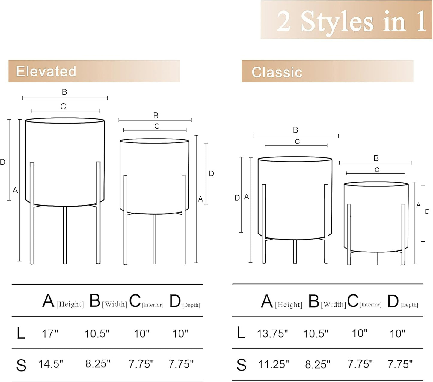 ARNIS Plants Pots with Stand, Set of 2 Indoor Planter Pots, Unique Mid Century Decorative Metal Flower Pots with Drainage,8.25 & 10.5 Inch, Grey and White