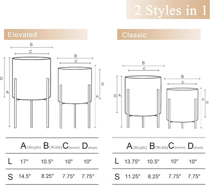 ARNIS Modern Planter Pots, Set of 2 Large Planters with Stand, Decorative Planters, Metal Pots with Drainage Holes for Living Room, Office, Garden or Balcony, 8.25 &10.5 Inch, Matte White