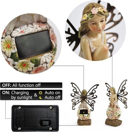 Flower Fairy Garden Decor,Garden Fairy Statues Outdoor,Solar Powered Outdoor Fairy Figurine Accessories,Patio Lawn Yard Porch, Resin Ornaments for Outside Gifts,9.45 Inches Tall