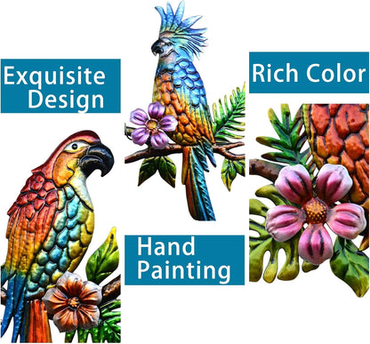 J-Fly Parrot Tropical Wall Art Decor - 3 Hanging Sculptures, Metal, 12" x 8.5", Indoor Kitchen Living Room Wall Mount, Unframed, Glossy, Tropical Style, 3.0 Count