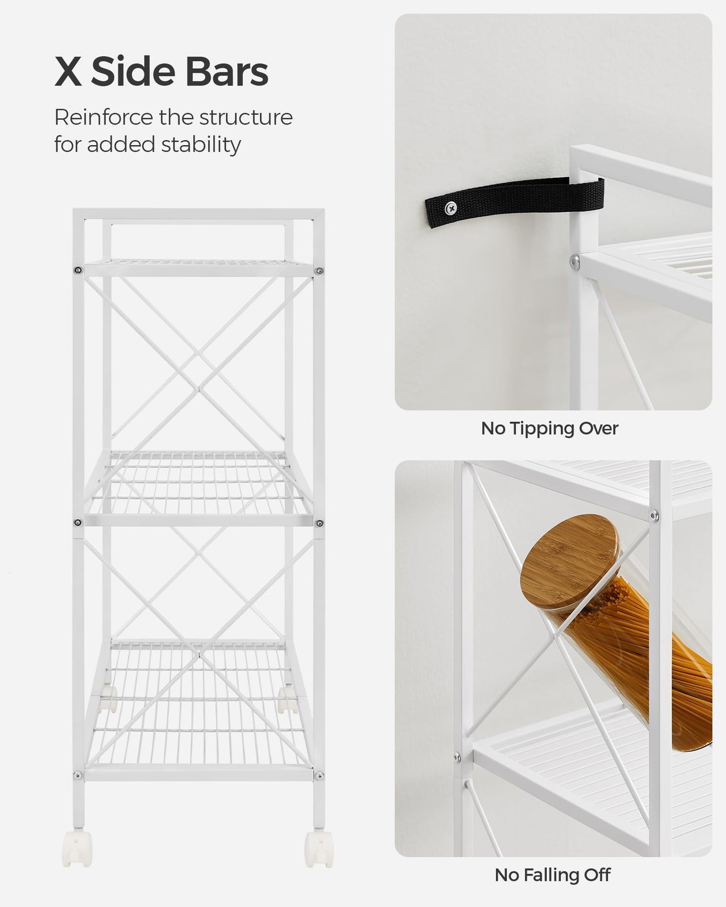 SONGMICS 3-Tier Metal Storage Rack with Wheels, Mesh Shelving Unit with X Side Frames, 31.5-Inch