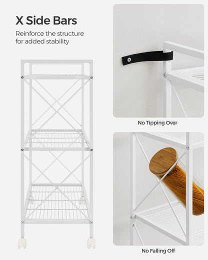 SONGMICS 3-Tier Metal Storage Rack with Wheels, Mesh Shelving Unit with X Side Frames, 31.5-Inch
