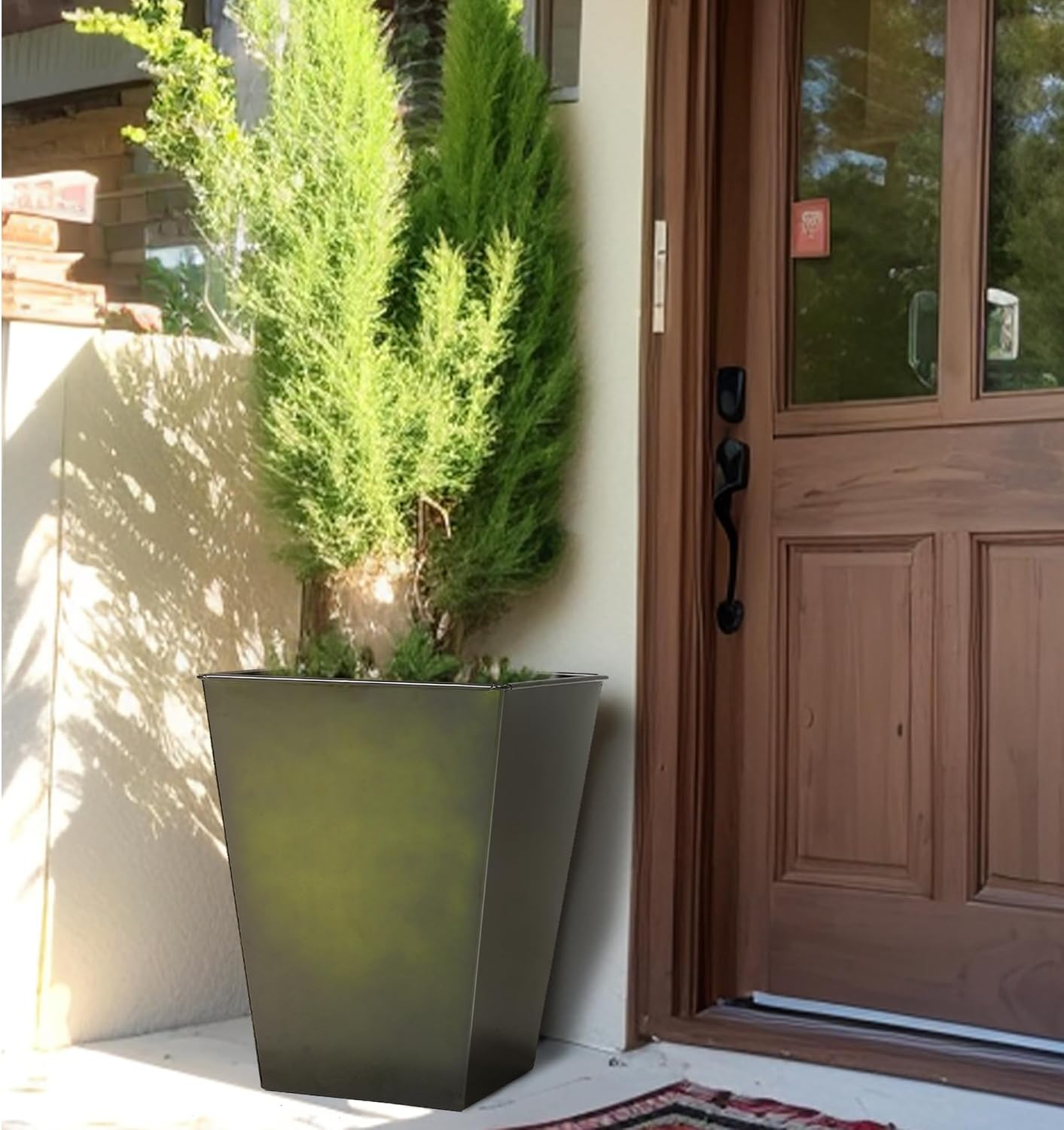 KOL 18''H. Bright Glazed Planter with Drainage Hole, Set of 2, Galvanized Steel Planter Pots for Indoor & Outdoor Use, Decorative Flower Plant Pots for Front Porch, Patio, Deck - Green