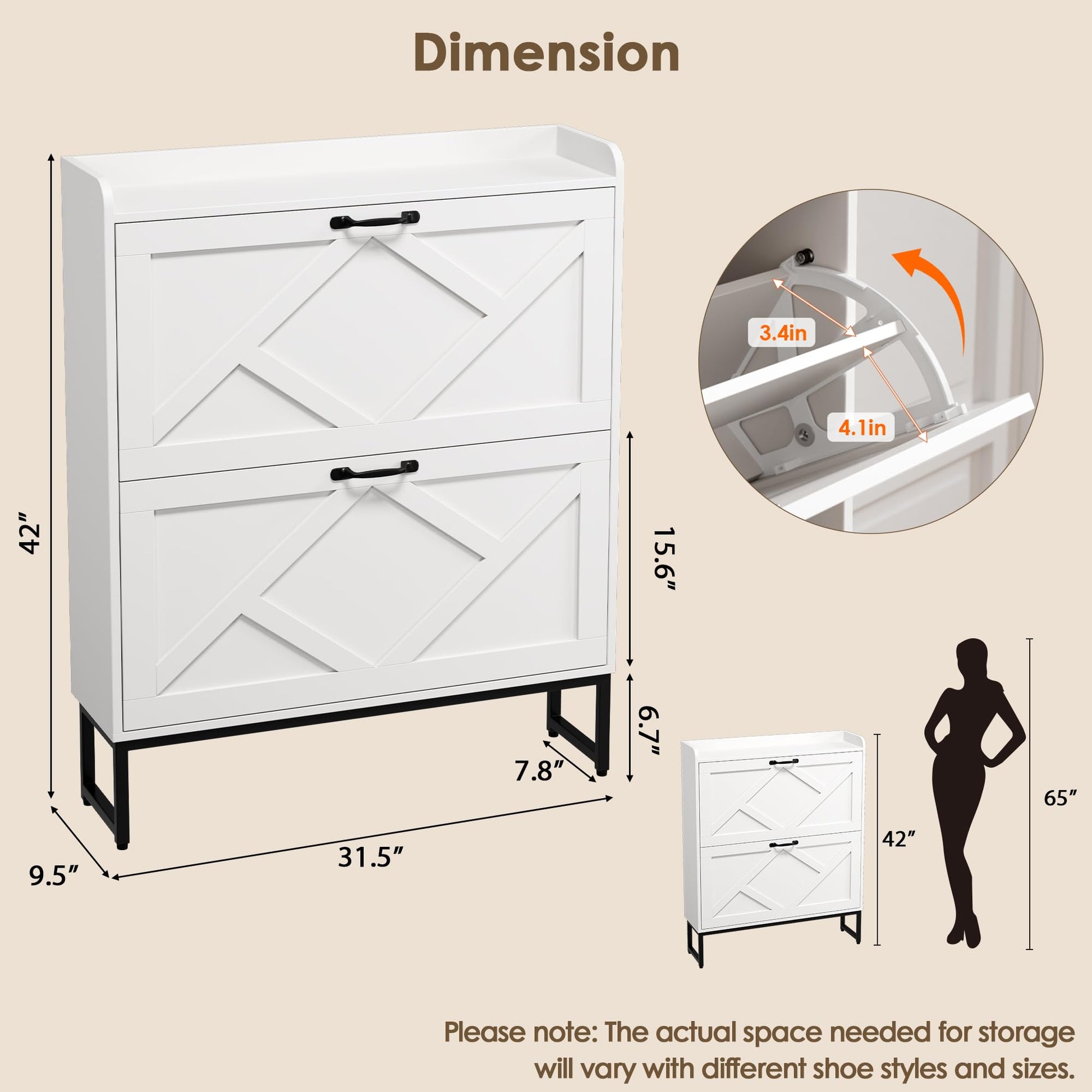 Nicetree Shoe Storage Cabinet with 2 Flip Drawers, Freestanding Shoe Organizer, Shoe Cabinet with