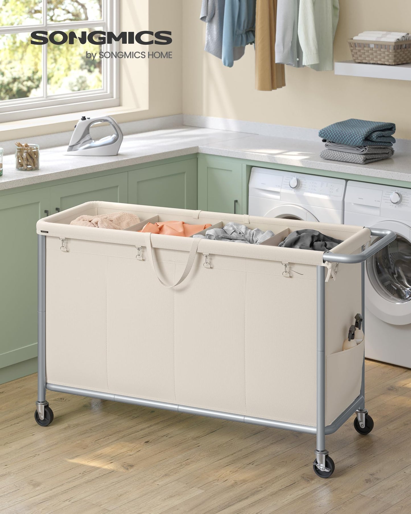SONGMICS Laundry Basket with Wheels, 4-Section Rolling Laundry Hamper, 68.6 Gallons (260 L)