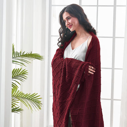 inhand Knitted Throw Blankets for Couch and Bed, Soft Cozy Knit Blanket with Tassel, Claret Lightweight Decorative Blankets and Throws, Farmhouse Warm Woven Blanket for Men and Women, 50"x60"