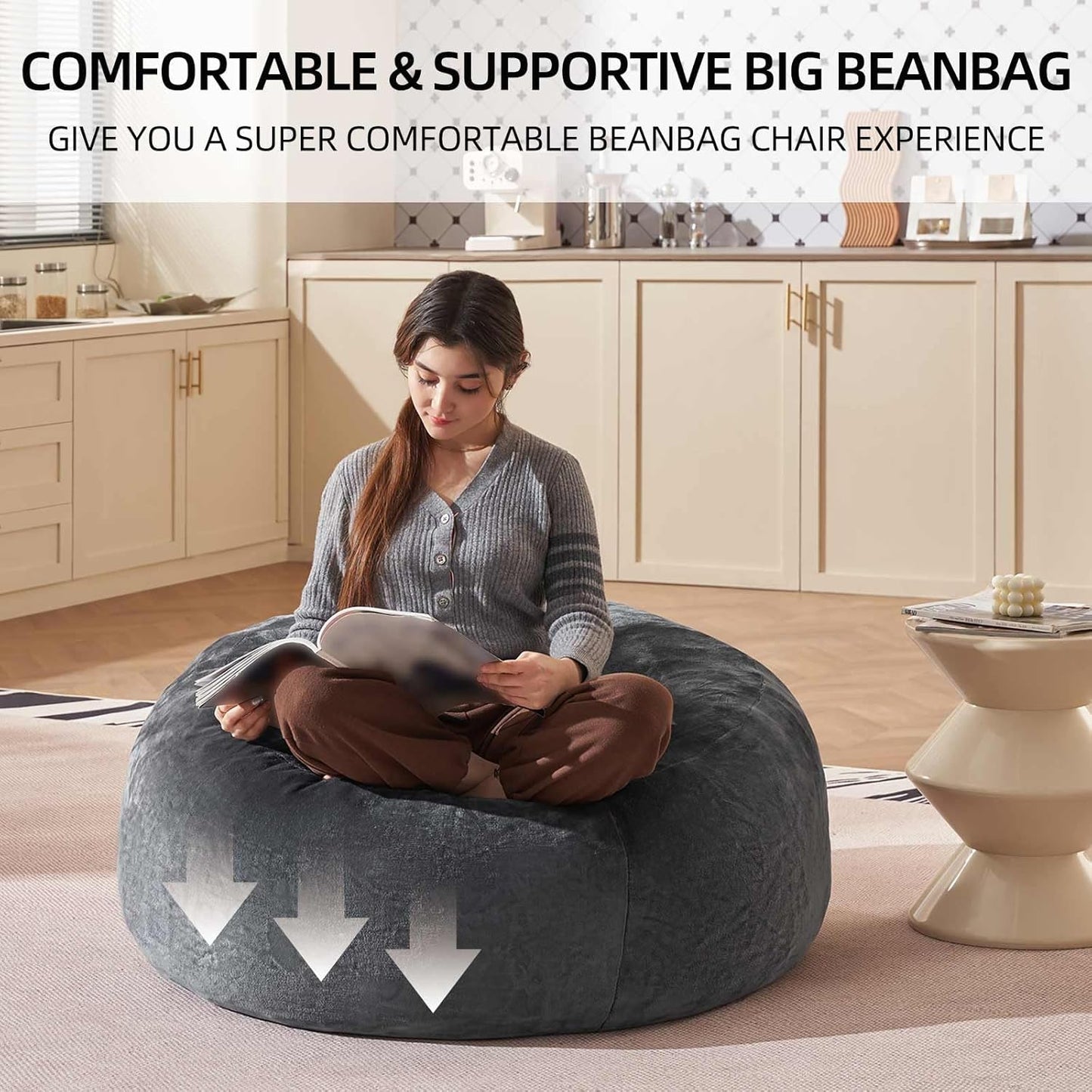 Bean Bag Chair 3Ft, Memory Foam Filled, Large Beanbag Chairs for Adults and Teens, Soft Sofa with Removable Flannel Cover, Round Couch for Living Room Bedroom College Dorm (Dark Gray, 3FT-36×36"×24")