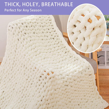 Bigacogo Chunky Knit Throw Blanket for Couch, 60x80 inches, 100% Hand Knitted with Thick Jumbo Chenille Yarn, Cozy Soft Large Rope Knot Cable Crochet Blankets for Sofa Bed Living Room, Ivory