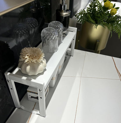 Expandable Cabinet Shelf Organizer 16-26" L Stackable Kitchen Counter Shelf Rack Stand Sink Riser Countertop Storage White (Narrow 5.1”D)