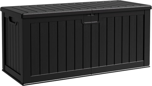 Flamaker Resin Deck Box 250 Gallon, Waterproof Imitation-Wood Lockable Storage Box with Separator Plate Outdoor Indoor, Garden, Patio Furniture for Tools&Pool Accessories (Black)