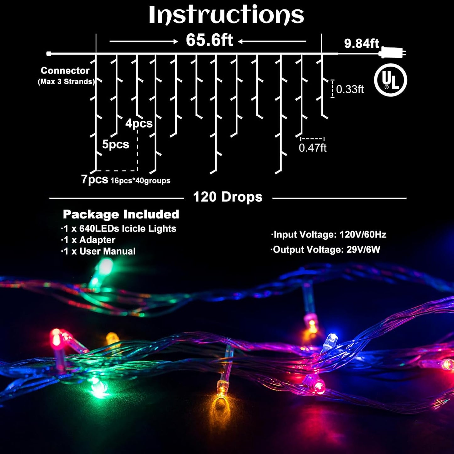 Icicle lights Outdoor - 66ft Christmas Lights with 640LED 120 Drops 8 Modes, Plug in Curtain String Lights Waterproof for Holiday Wedding Party Home Garden Bedroom Indoor Outdoor Decoration,Multicolor
