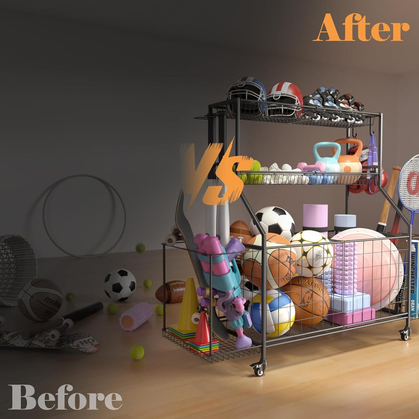 Sports Equipment Organizer, Garage Ball Storage Racks - Outdoor Toy Storage with 2 Side Racks & Removable Baskets, Heavy-Duty Garage Rolling Ball Cart with Wheels, Hooks for Toys, Sports Gear