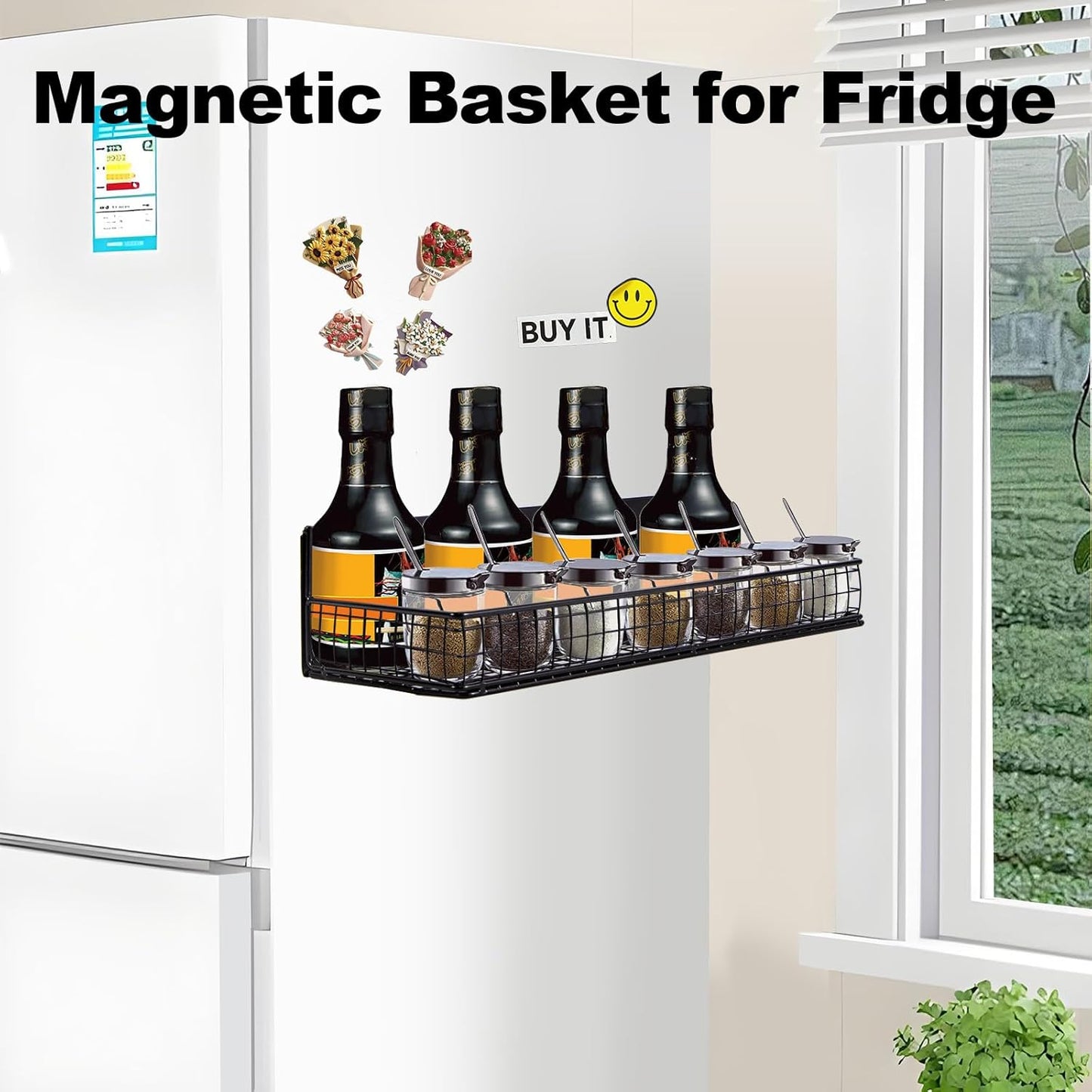 Magnetic Shelf for Fridge Magnetic Basket Organizer Wire Mesh Magnetic Holder Magnet Shelf Accessories for Office Kitchen Classroom Storage, Black-Low, 13.77" x 5.11" x 1.7
