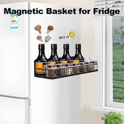 Magnetic Shelf for Fridge Magnetic Basket Organizer Wire Mesh Magnetic Holder Magnet Shelf Accessories for Office Kitchen Classroom Storage, Black-Low, 13.77" x 5.11" x 1.7
