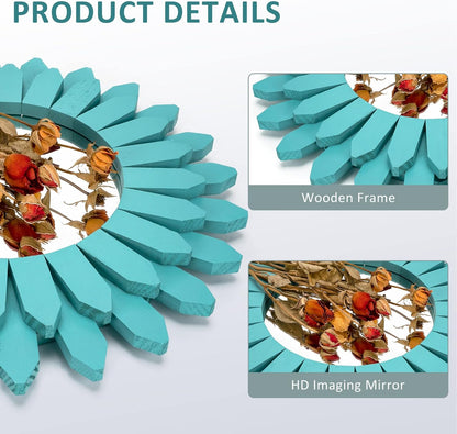 Honiway Beach Wall Decor Mirror 12 inch Wood Coastal Wall Decor Sunburst Boho Home Decor Room Decor for Bedroom Living Room Bathroom Cyan