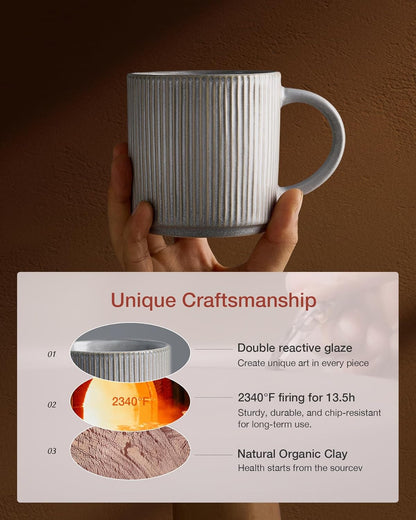 famiware Coffee Mug Set for 6, Star 12 oz Catering Mugs Cup Set with Handle for Coffee, Tea, Cocoa, Milk - Ceramic Stoneware Drinkware Set, Matte Grey