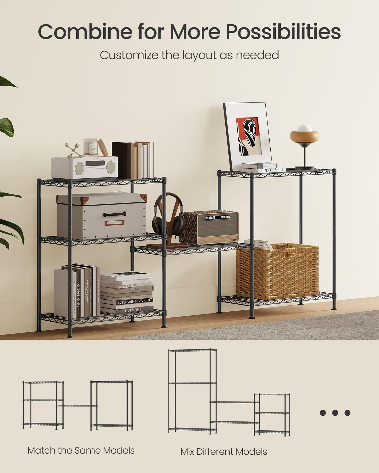 SONGMICS Storage Shelf, Metal Wire Shelving Unit, Adjustable Shelves, for Garage, Bedroom, Living