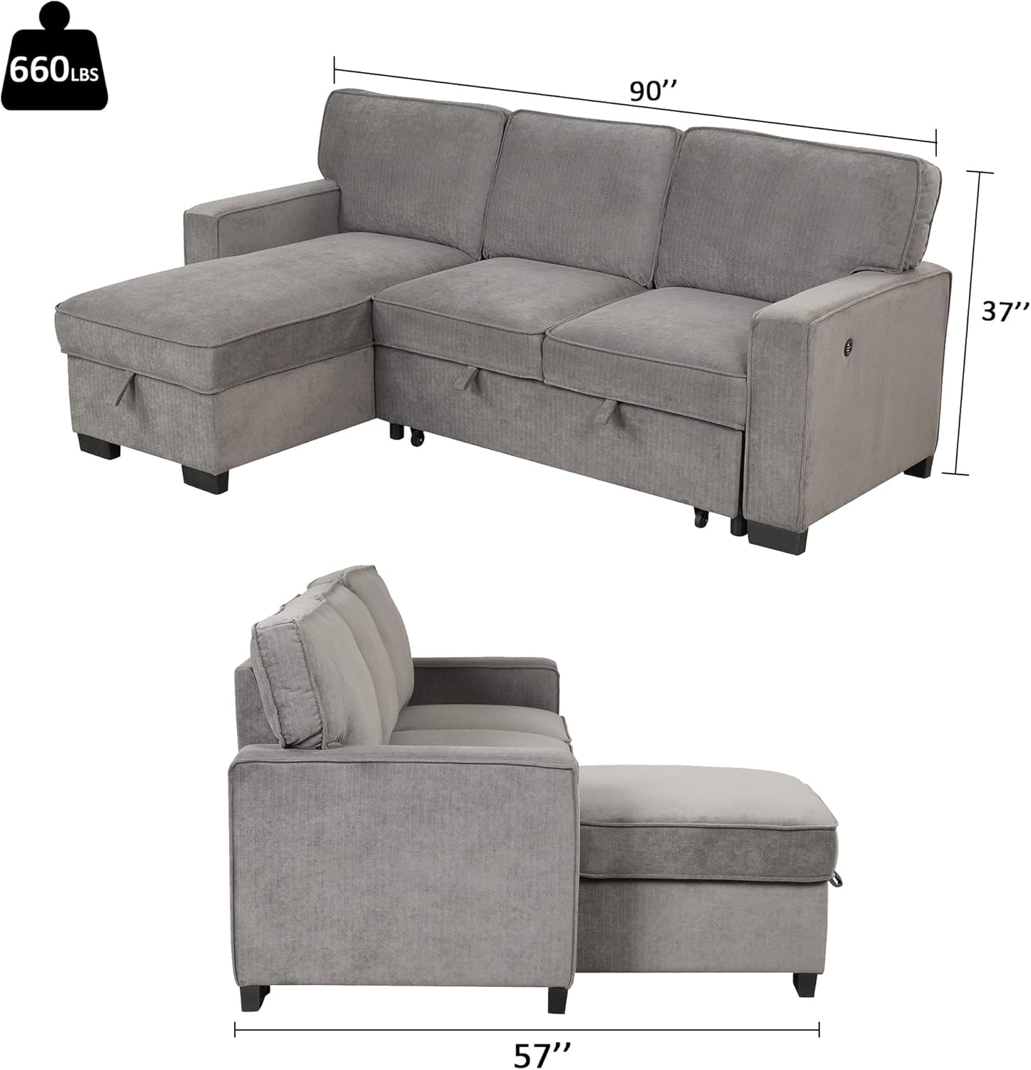 EBELLO Convertible Sleeper Sofa 3 in 1, Chenille Modern L-Shaped Couches for Living Room, Pull Out Sectional Futon Sofa Bed with Storage Space, USB Ports and Cup Holders for Bedroom, Grey