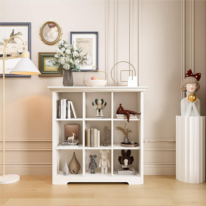 Wooden Cube Shelf Bookcase - Modern 3 Tiers Floorstanding Open Bookshelf with Base for Home and Office, 9 Cubes Storage Cabinet, Warm White