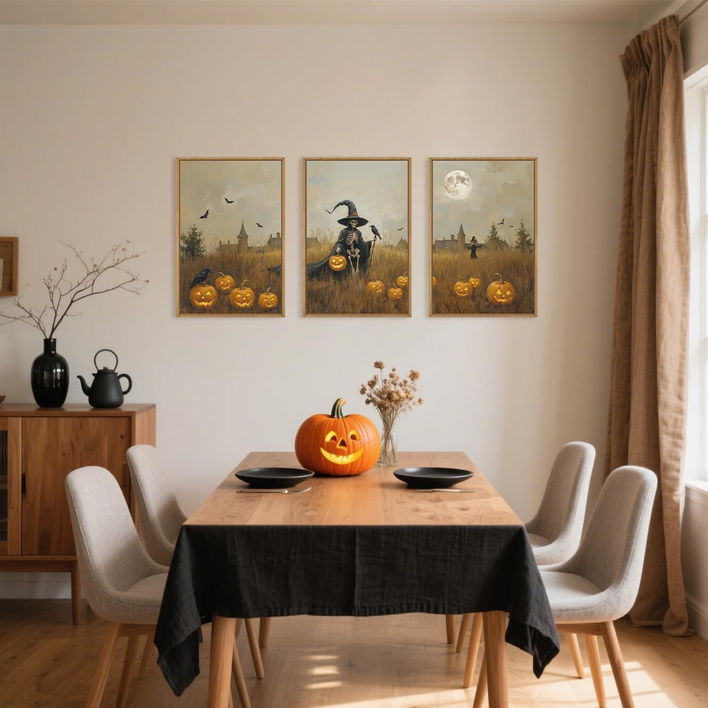 Celestdeco Halloween Ghost Reaper Framed Wall Art Set, Scary Witchy and Pumpkin Wall Decor, Horror Night Wall Painting, Full Moon Bats Art Prints for Living Room,Bedroom,Halloween Themed Party Decoration-24"×36"×3