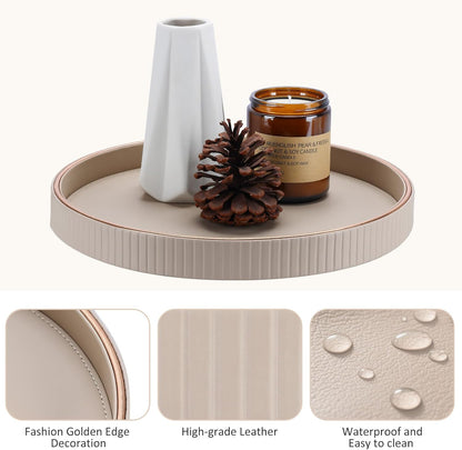 KINGFOM Decorative Serving Tray, PU Leather Valet Nightstand Desk Organizer for Men Women, Round Tray Decor for Coffee Table/Home Decor, Modern Decorative, Centerpiece (Beige)