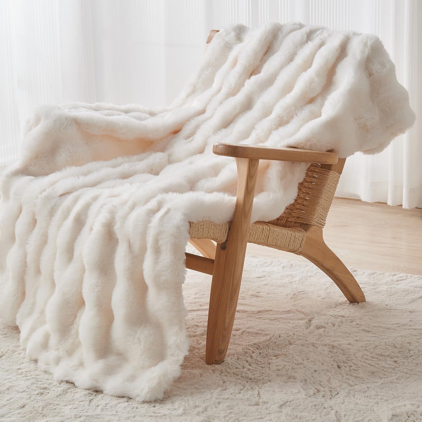Lotus Karen Faux Fur Blanket - Cream White Twin Size, Big Bubble Rabbit Fluff, 60x80 Inches