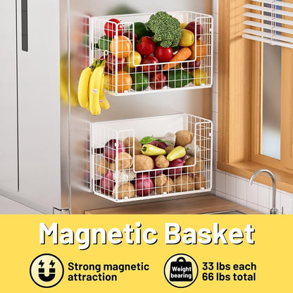 Magnetic Shelf for Fridge, Fruit Potato & Onion Storage Bins, Pantry Organizers & Storage, Large Container Magnetic Basket for Refrigerator, Kitchen Counter,Cabinet Magnetic Fridge Organizer White (2)