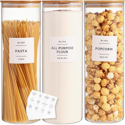 3 Pack Glass Jar with Airtight Bamboo Lid and White 132 Kichen Pantry Labels Preprinted - 70 Oz Clear Tall Glass Food Storage Containers set For Noodles Pasta Spaghetti
