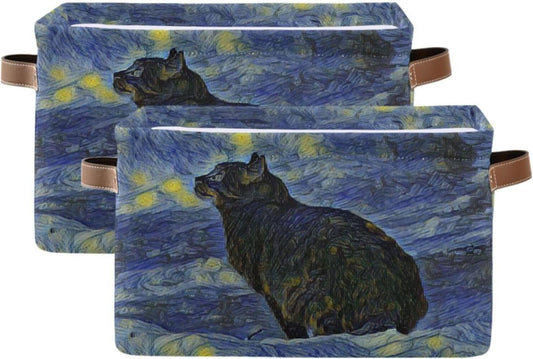 susiyo Storage Baskets for Shelves Organizer Baskets with Metal Frame Closet Storage Bins Fabric Bins Cubes with PU Handles for Organizing Shelf Nursery Toys 2 PACK,Black Cat