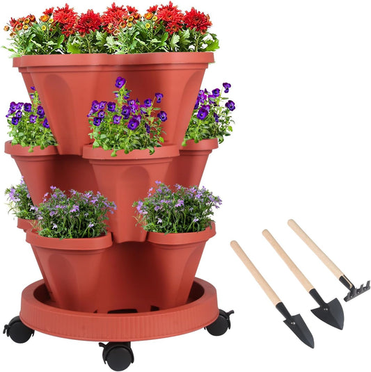 Vertical Planter 3 Tier Stackable Planters Garden Planters Strawberry Herb Flower and Vegetable Planter Indoor Outdoor Gardening Pots with Removable Wheels and Tools